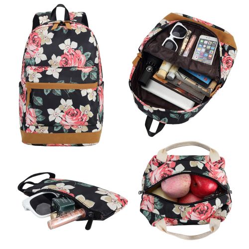  BTOOP School Backpack for Girls Bookbag With Insulation Lunch Bag and Pencil Case Women Travel Daypack Floral Black