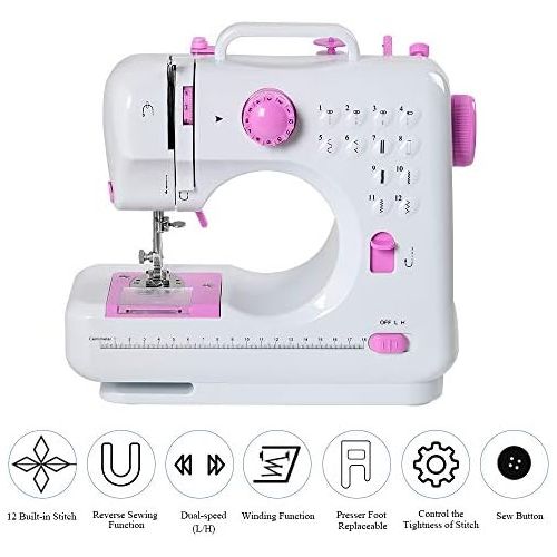  Neala Sewing Machine Mini Portable Electric Portable Household with Foot Pedal Overlock 12 Built-in Stitches for Amateurs Beginners Embroidery Pink Safety