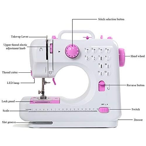  Neala Sewing Machine Mini Portable Electric Portable Household with Foot Pedal Overlock 12 Built-in Stitches for Amateurs Beginners Embroidery Pink Safety