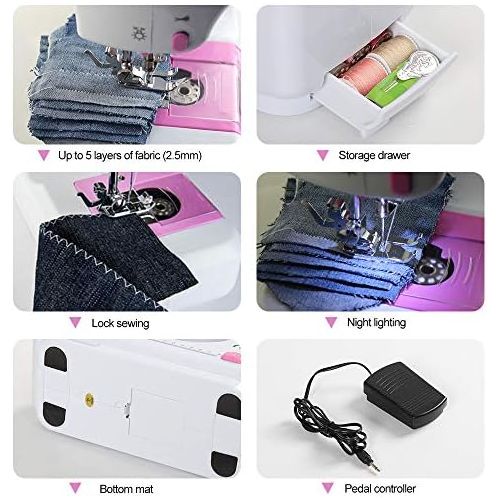  Neala Sewing Machine Mini Portable Electric Portable Household with Foot Pedal Overlock 12 Built-in Stitches for Amateurs Beginners Embroidery Pink Safety