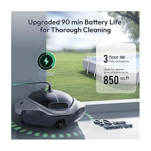  Bubot 300P Robotic Pool Cleaner - Cordless Pool Vacuum with Industry Leading Suction Power, Bluehole Tech, DirtLock Tech, Smart Sensor, Self-Parking for Above Ground Flat Pools Up to 850 Sq.ft