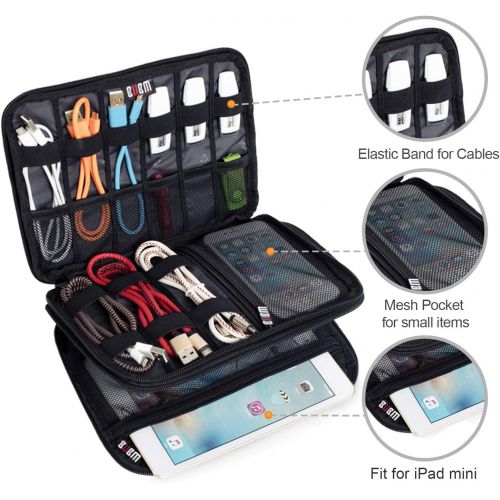  [아마존베스트]BUBM Double Layer Electronic Accessories Organizer, Travel Gadget Bag for Cables, USB Flash Drive, Plug and More, Perfect Size Fits for iPad Mini (Medium, Black)