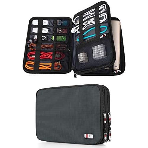  [아마존베스트]BUBM Double Layer Electronic Accessories Organizer, Travel Gear Bag for Cables, USB Flash Drive, Plug and More, Perfect Size Fits for iPad Mini (Medium, Gray)