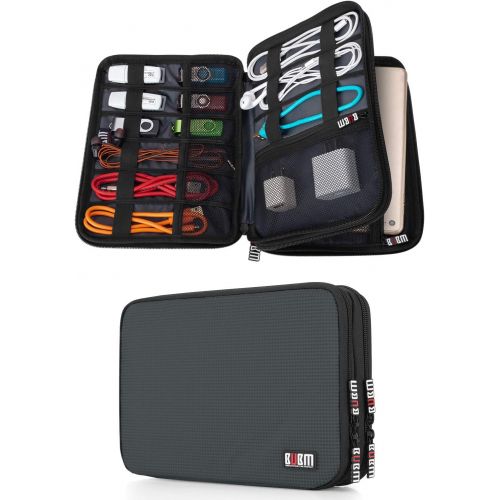  [아마존베스트]BUBM Double Layer Electronic Accessories Organizer, Travel Gear Bag for Cables, USB Flash Drive, Plug and More, Perfect Size Fits for iPad Mini (Medium, Gray)