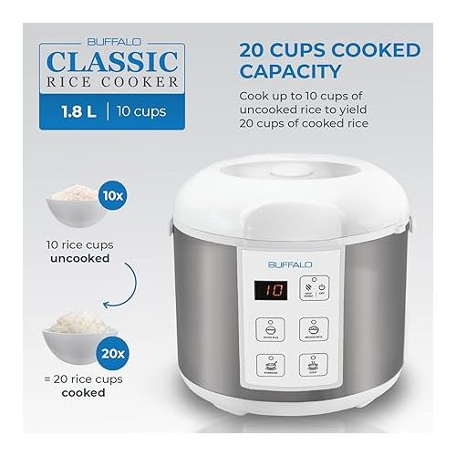  Buffalo Classic Rice Cooker with Clad Stainless Steel Inner Pot - Electric Rice Cooker for White/Brown Rice, Grain - Easy-to-clean, Non-Toxic & Non-Stick, Auto Warmer (10 Cup)