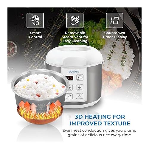  Buffalo Classic Rice Cooker with Clad Stainless Steel Inner Pot - Electric Rice Cooker for White/Brown Rice, Grain - Easy-to-clean, Non-Toxic & Non-Stick, Auto Warmer (10 Cup)