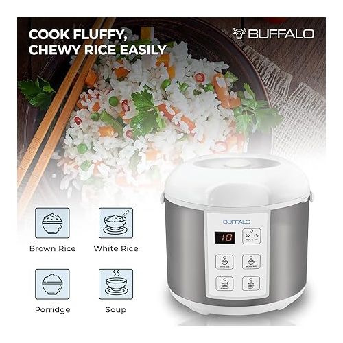  Buffalo Classic Rice Cooker with Clad Stainless Steel Inner Pot - Electric Rice Cooker for White/Brown Rice, Grain - Easy-to-clean, Non-Toxic & Non-Stick, Auto Warmer (10 Cup)