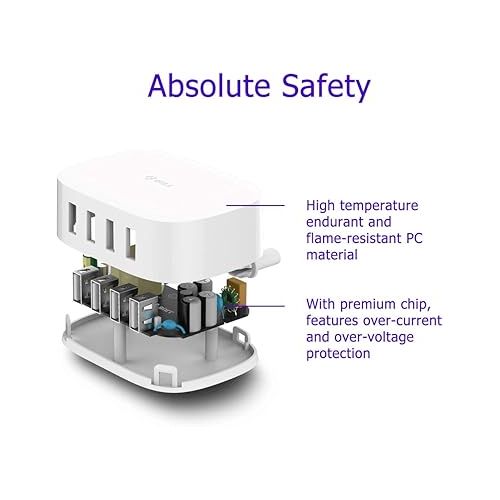  USB Charging Station 4 Port - BULL USB Charger Block Multiple USB Charging Station, USB Wall Charger USB Charger Cable White 6ft USB Charging Hub for Multiple Devices (ULlisted)