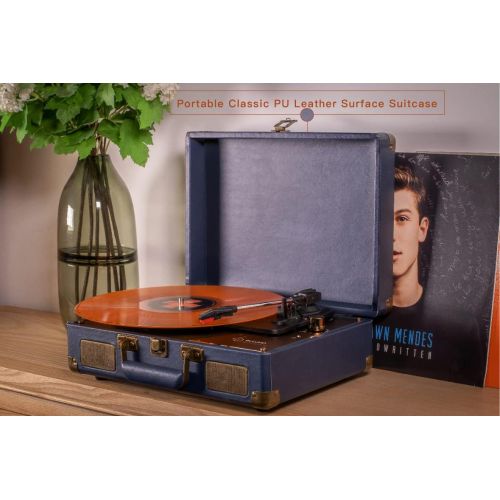  BULUMO Vinyl Record Player 3 Speed Bluetooth Turntable with Built-in Stereo Speakers Belt-Driven Vintage LP Phonograph Portable Suitcase, with RCA Line Out, AUX in, USB Recording, Include