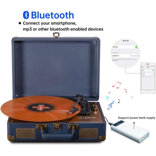  BULUMO Vinyl Record Player 3 Speed Bluetooth Turntable with Built-in Stereo Speakers Belt-Driven Vintage LP Phonograph Portable Suitcase, with RCA Line Out, AUX in, USB Recording, Include