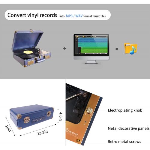  BULUMO Vinyl Record Player 3 Speed Bluetooth Turntable with Built-in Stereo Speakers Belt-Driven Vintage LP Phonograph Portable Suitcase, with RCA Line Out, AUX in, USB Recording, Include