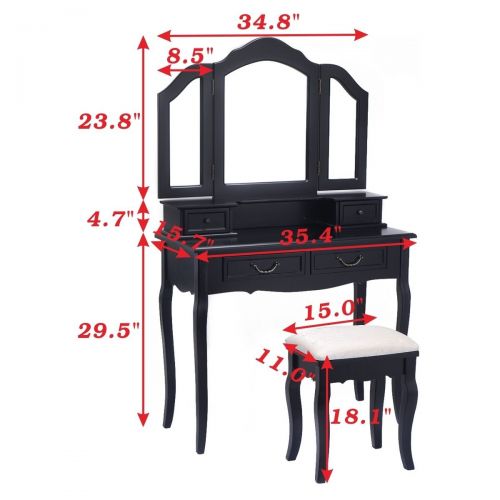  BUY JOY Eight24hours Tri Folding Mirror Black Wood Vanity Set Makeup Table Dresser 4 Drawers + Stool - V1