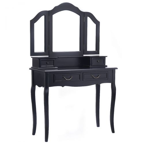  BUY JOY Eight24hours Tri Folding Mirror Black Wood Vanity Set Makeup Table Dresser 4 Drawers + Stool - V1