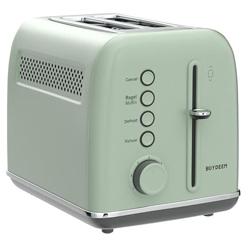  BUYDEEM DT620 2-Slice Toaster, Extra Wide Slots, Retro Stainless Steel with High Lift Lever, Bagel and Muffin Function, Removal Crumb Tray, 7-Shade Settings,Cozy Greenish