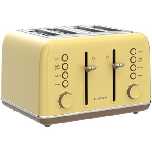  BUYDEEM DT640 4-Slice Toaster, Extra Wide Slots, Retro Stainless Steel with High Lift Lever, Bagel and Muffin Function, Removal Crumb Tray, 7-Shade Settings,Mellow Yellow