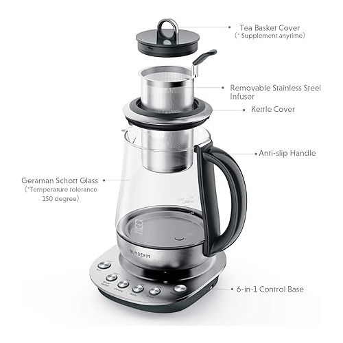  BUYDEEM K2423 Tea Maker, Durable 316 Stainless Steel & German Schott Glass Electric Kettle, Removable Infuser, Auto Keep Warm, BPA Free, 1.2L