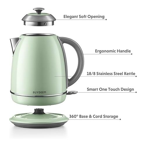  BUYDEEM K640N Stainless Steel Electric Tea Kettle with Auto Shut-Off and Boil Dry Protection, 1.7 Liter Cordless Hot Water Boiler with Swivel Base, 1440W, Cozy Greenish