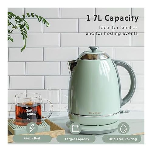  BUYDEEM K640N Stainless Steel Electric Tea Kettle with Auto Shut-Off and Boil Dry Protection, 1.7 Liter Cordless Hot Water Boiler with Swivel Base, 1440W, Cozy Greenish