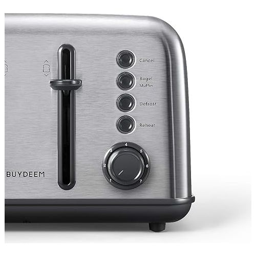  BUYDEEM DT640 4-Slice Toaster, Extra Wide Slots, Retro Stainless Steel with High Lift Lever, Bagel and Muffin Function, Removal Crumb Tray, 7-Shade Settings,Stainless Steel