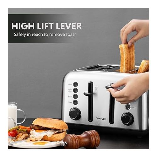  BUYDEEM DT640 4-Slice Toaster, Extra Wide Slots, Retro Stainless Steel with High Lift Lever, Bagel and Muffin Function, Removal Crumb Tray, 7-Shade Settings,Stainless Steel