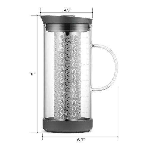  BUYDEEM Cold Brew Coffee and Tea Maker, 57oz Large Capacity Borosilicate Glass Pitcher with and Removable 18/8 Stainless Steel Brewing Mesh Filter, Dishwasher Safe (Ink Gray)