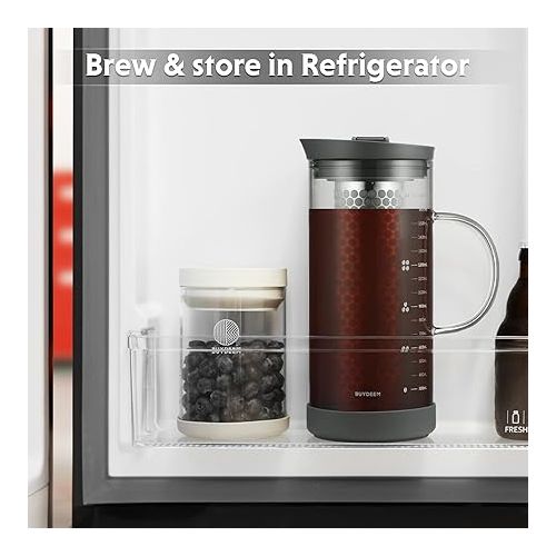  BUYDEEM Cold Brew Coffee and Tea Maker, 57oz Large Capacity Borosilicate Glass Pitcher with and Removable 18/8 Stainless Steel Brewing Mesh Filter, Dishwasher Safe (Ink Gray)