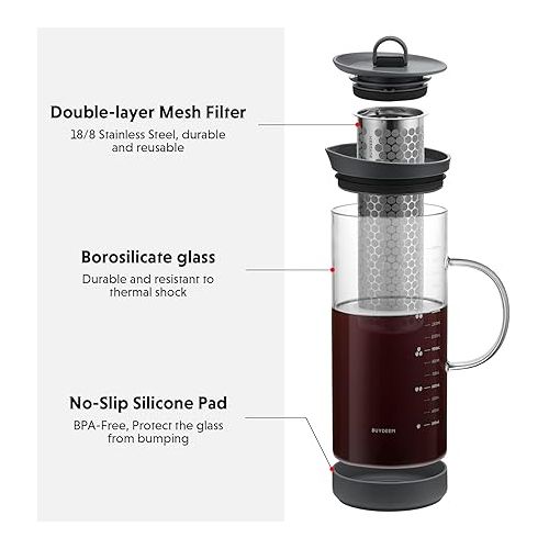  BUYDEEM Cold Brew Coffee and Tea Maker, 57oz Large Capacity Borosilicate Glass Pitcher with and Removable 18/8 Stainless Steel Brewing Mesh Filter, Dishwasher Safe (Ink Gray)