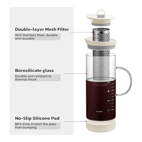  BUYDEEM Cold Brew Coffee and Tea Maker, 57oz Large Capacity Borosilicate Glass Pitcher with and Removable 18/8 Stainless Steel Brewing Mesh Filter, Dishwasher Safe (Oatmeal White)