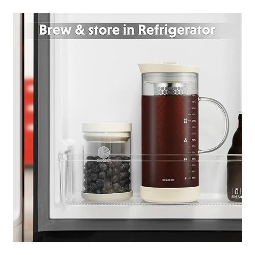  BUYDEEM Cold Brew Coffee and Tea Maker, 57oz Large Capacity Borosilicate Glass Pitcher with and Removable 18/8 Stainless Steel Brewing Mesh Filter, Dishwasher Safe (Oatmeal White)