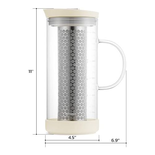  BUYDEEM Cold Brew Coffee and Tea Maker, 57oz Large Capacity Borosilicate Glass Pitcher with and Removable 18/8 Stainless Steel Brewing Mesh Filter, Dishwasher Safe (Oatmeal White)