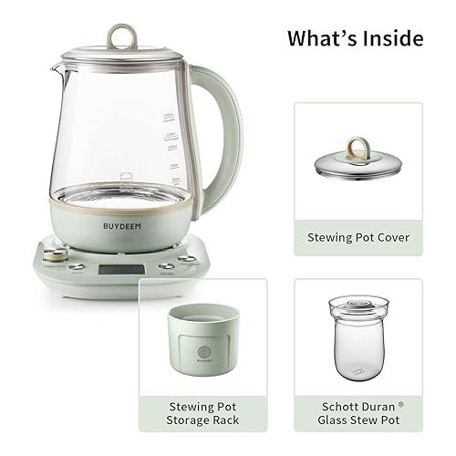  BUYDEEM Health Pot K2763 Lite, Glass Electric Kettle for Tea & Coffee, Hot Water Boiler and Wamer with Stew Pot, Temperature Control, Green, 1.5L