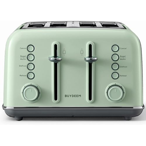  Buydeem DT-6B83G 4-Slice ToasterExtra Wide SlotsRetro Pastel Green Stainless Steel with High Lift Lever, Bagel and Muffin Function, 7-Shade Settings in Vintage Turquoise, Light T