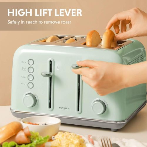  Buydeem DT-6B83G 4-Slice ToasterExtra Wide SlotsRetro Pastel Green Stainless Steel with High Lift Lever, Bagel and Muffin Function, 7-Shade Settings in Vintage Turquoise, Light T