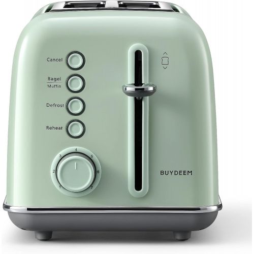  BUYDEEM DT620 2-Slice Toaster, Extra Wide Slots, Retro Stainless Steel with High Lift Lever, Bagel and Muffin Function, Removal Crumb Tray, 7-Shade Settings (Cozy Greenish)