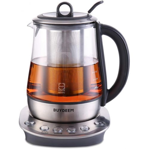  BUYDEEM K2423 Tea Maker, Durable 316 Stainless Steel & German Schott Glass Electric Kettle, Removable Infuser, Auto Keep Warm, BPA Free, 1.2L