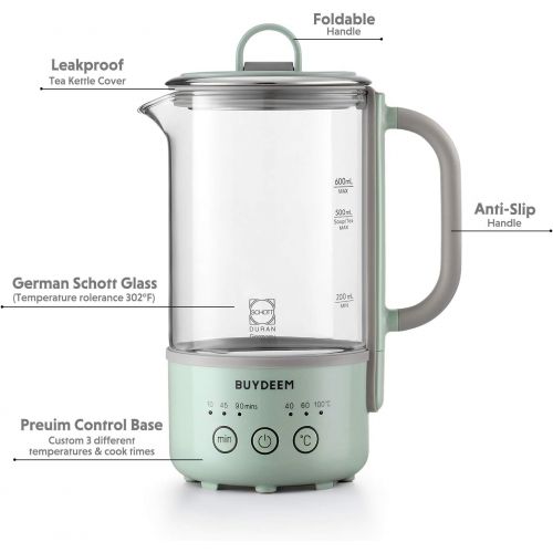  BUYDEEM K313 Travel Electric Kettle, Mini Healthy-Care Beverage Kettle, Tea Maker with German Schott Glass & Durable Pro 18/10 Pro Stainless Steel, 0.6L, Cozy Greenish