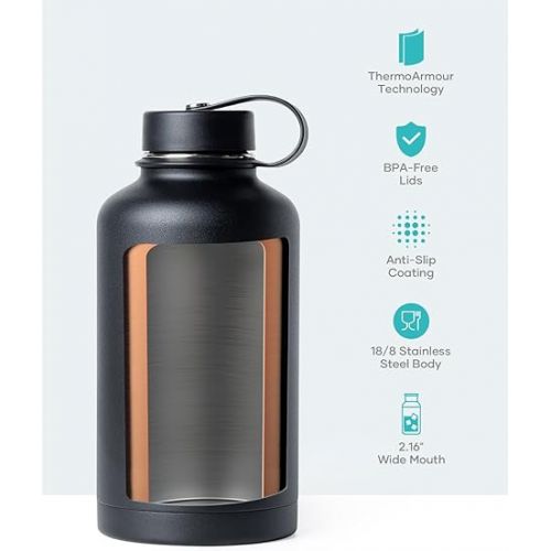  BUZIO Vacuum Insulated Stainless Steel Water Bottle 64oz (Cold for 48 Hrs/Hot for 24 Hrs) BPA Free Double Wall Travel Mug/Flask for Outdoor Sports Hiking, Cycling, Camping, Running