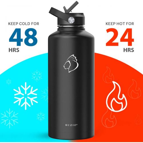  BUZIO Insulated Water Bottle with Straw Lid and Flex Cap, 32oz, 40oz, 64oz, 87oz 128oz Modern Double Vacuum Stainless Steel Water Flask, Cold for 48 Hrs Hot for 24 Hrs Simple Therm