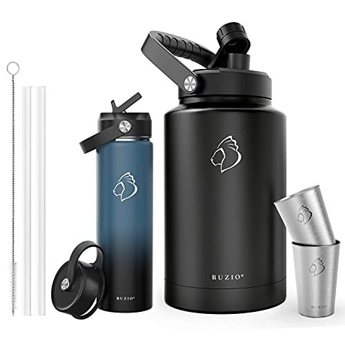  BUZIO Vacuum Insulated Stainless Steel Water Bottle 22oz and 1 Stainless Steel Gallon Jug Set, Black BPA Free Double Wall Travel Mug/Flask for Outdoor Sports Hiking, Cycling, Campi