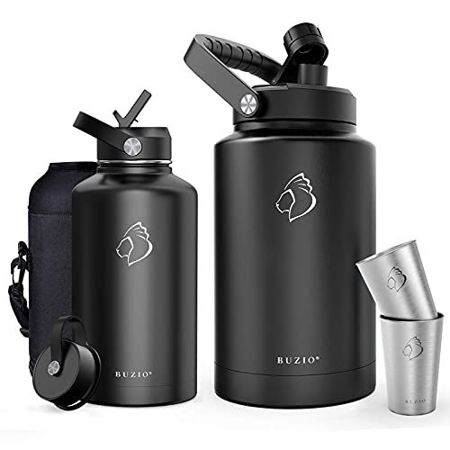  BUZIO Vacuum Insulated Stainless Steel Water Bottle 64oz with 1 Stainless Steel Gallon Jug Set, Black BPA Free Double Wall Travel Mug/Flask for Outdoor Sports Hiking, Cycling, Camp