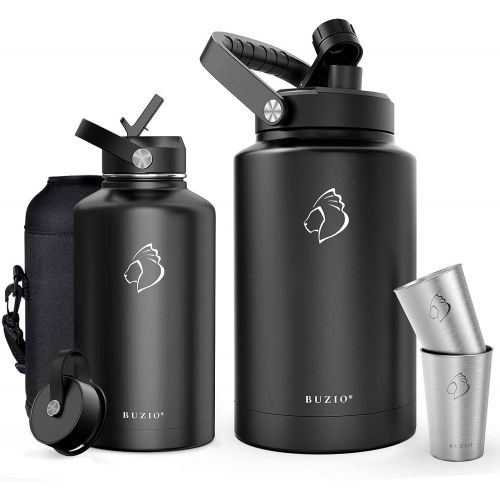  BUZIO Vacuum Insulated Stainless Steel Water Bottle 64oz with 1 Stainless Steel Gallon Jug Set, Black BPA Free Double Wall Travel Mug/Flask for Outdoor Sports Hiking, Cycling, Camp