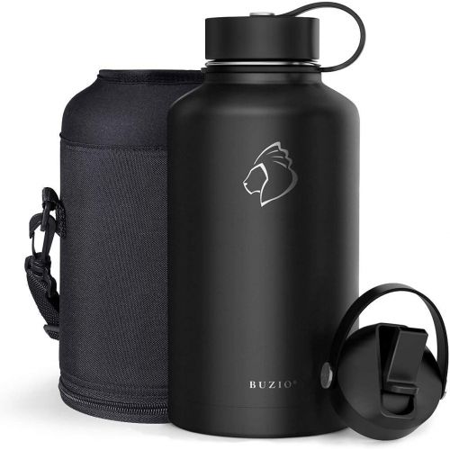  BUZIO Vacuum Insulated Stainless Steel Water Bottle 64oz with 1 Stainless Steel Gallon Jug Set, Black BPA Free Double Wall Travel Mug/Flask for Outdoor Sports Hiking, Cycling, Camp