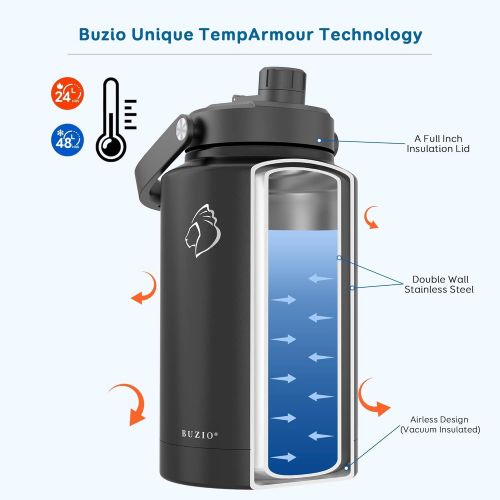 BUZIO Vacuum Insulated Stainless Steel Water Bottle 64oz with 1 Stainless Steel Gallon Jug Set, Black BPA Free Double Wall Travel Mug/Flask for Outdoor Sports Hiking, Cycling, Camp