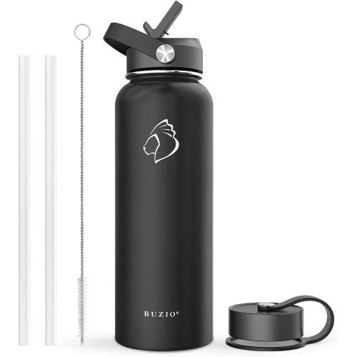  BUZIO Vacuum Insulated Stainless Steel Water Bottle 40oz with 64oz Insulted Three Caps Water Bottle, Black BPA Free Double Wall Travel Mug/Flask for Outdoor Sports Hiking, Cycling,