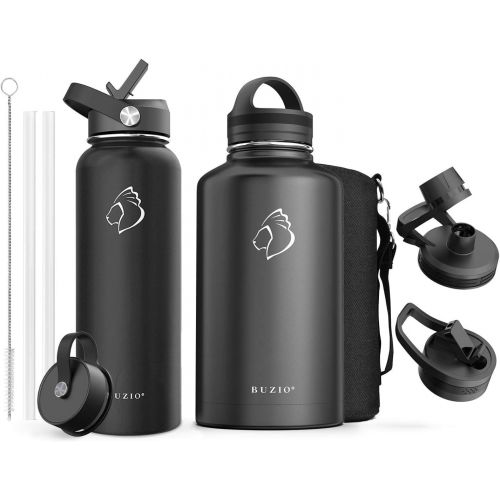  BUZIO Vacuum Insulated Stainless Steel Water Bottle 40oz with 64oz Insulted Three Caps Water Bottle, Black BPA Free Double Wall Travel Mug/Flask for Outdoor Sports Hiking, Cycling,