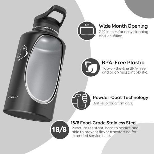  BUZIO Vacuum Insulated Stainless Steel Water Bottle 40oz with 64oz Insulted Three Caps Water Bottle, Black BPA Free Double Wall Travel Mug/Flask for Outdoor Sports Hiking, Cycling,