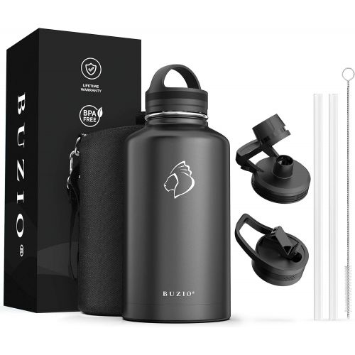  BUZIO Vacuum Insulated Stainless Steel Water Bottle 40oz with 64oz Insulted Three Caps Water Bottle, Black BPA Free Double Wall Travel Mug/Flask for Outdoor Sports Hiking, Cycling,