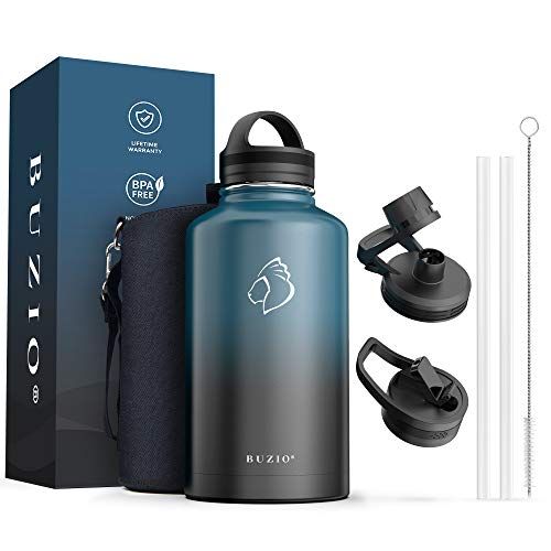  BUZIO Sports Water Bottle 64oz with Straw Lids, Half Gallon Vacuum Insulated Stainless Steel Water Flask Jug, Modern Double Walled Simple Thermo Mug, Hot Cold Standard Hydro Metal