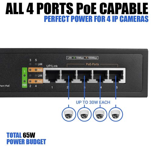  BV-Tech 5 Port Gigabit PoE Switch (4 Gigabit PoE Port + 1 Gigabit Uplink)  65W  802.3af/at