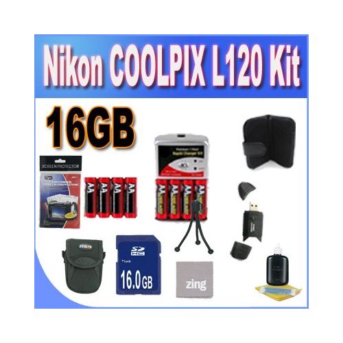  BVI Nikon COOLPIX L120 16GB Accessory Saver Kit (16GB Memory Card Card+2 Sets of 4 NIMH Rechargeable AA Batteries+ Rapid Battery Charger + Accessory Kit)